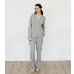 Cozy Earth Bamboo Stretch-Knit Long Sleeve Pajama Set Gray White Trim XL Tall